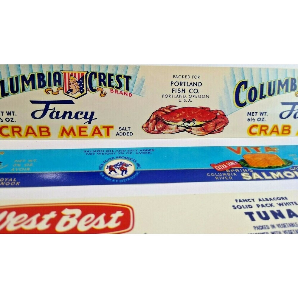 Columbia Crest Crab Meat West Best Tuna Vita Salmon Can Labels Vintage 1940's